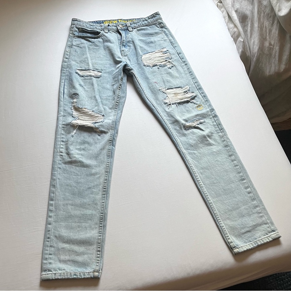 DREW HOUSE light blue cotton denim distressed logo slim‎ skinny jeans
